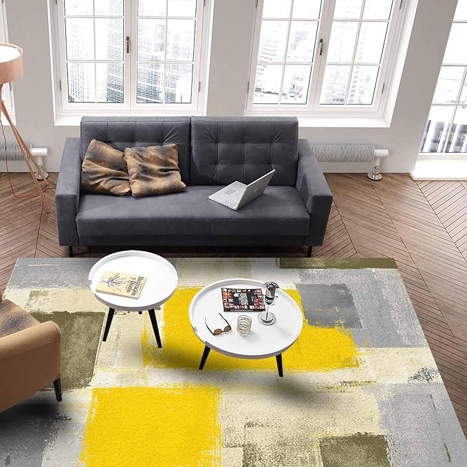 Yellow Rectangular Area Rugs for Living Room Bedroom 4 x 6 ft Abstract Paint Texture Modern Art Non-Shedding Soft Low Pile Rug Non Slip Washable Rug for Nursery Entryway Playroom
