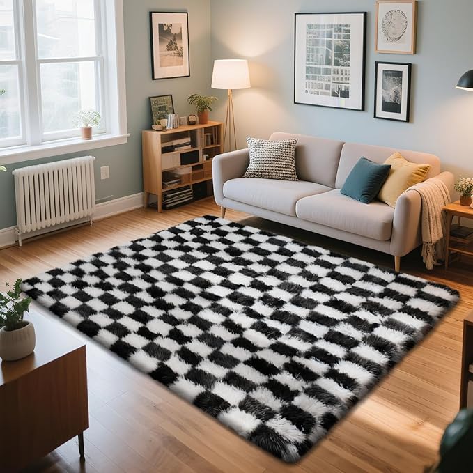 Checkered Rug for Bedroom, 5x8 Black and White Area Rugs, Classic Checkered Carpets Shaggy Area Rug, Bedside Rugs for Living Room Bedroom Kids Room Home Decor