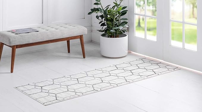 Rugs.com Lattice Trellis Collection Rug – 6 Ft Runner White Low-Pile Rug Perfect for Hallways, Entryways