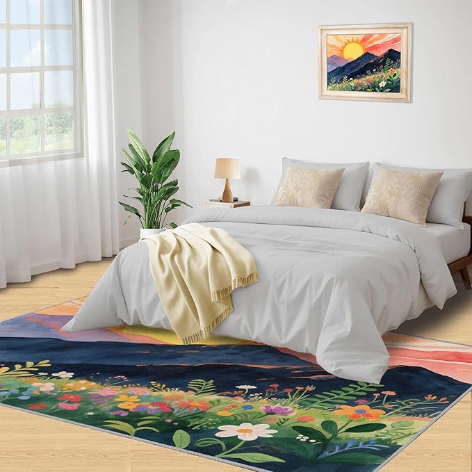 Boho Sun Area Rugs 5x8ft, Minimalist Line Living Room Carpet, Geometric Solar Decorative Carpet Protect Floor for Bedroom Men Office Hardwood Floors