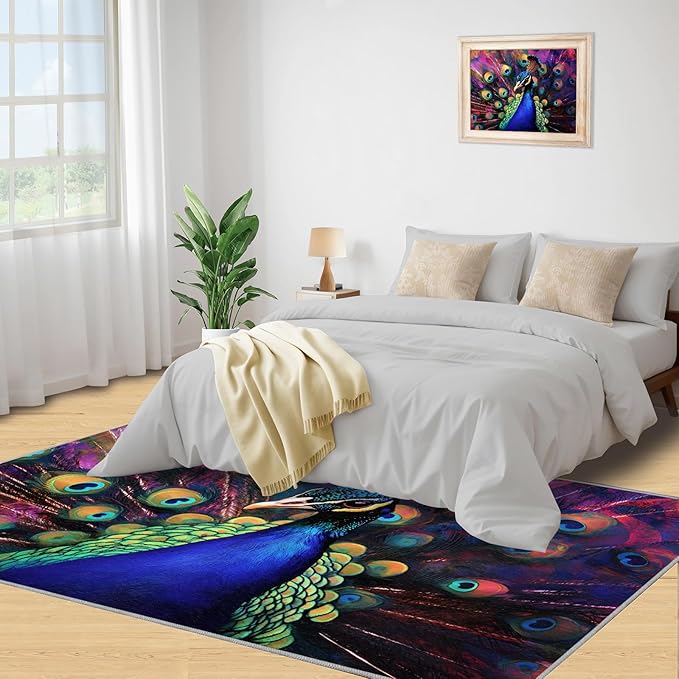 Peacock Rugs for Bedroom - 5x8 Area Rug - Watercolor Peacock Rugs for Living Room, Abstract 3D Animal Rug, Non-Slip Washable Home Decor Carpet
