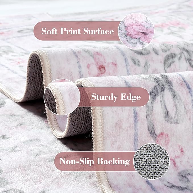 Wonnitar Washable 9x12 Area Rugs, Ultra-Thin Large Area Rug for Living Room, Pink Soft Non Slip Boho Floral Bow Apartment Decor Carpet for Big Bedroom Playroom Nursery Office, Light Pink