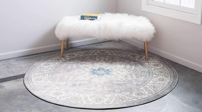 Unique Loom Salzburg Collection Classic Traditional Design Oriental Inspired Border Area Rug (5' 0 x 5' 0 Round, Gray/Beige)