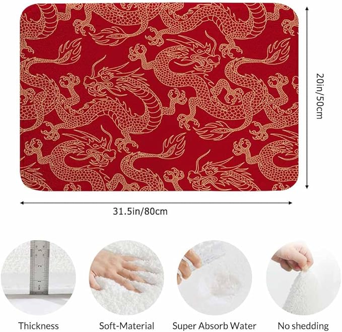 Dragon Bath Rugs Microfiber Bathroom Mat Soft Plush Shaggy Shower Mat for Bathroom Fluffy Comfortable Water Absorbent Carpet Non-Slip Machine Washable 20"X30"