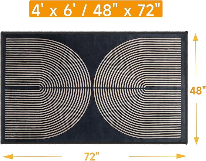 Modern Rainbow Area Rug 4x6 Black Comfort Soft Low Profile Machine Washable Non-Slip Rug, Contemporary Backyard Living Room Mat