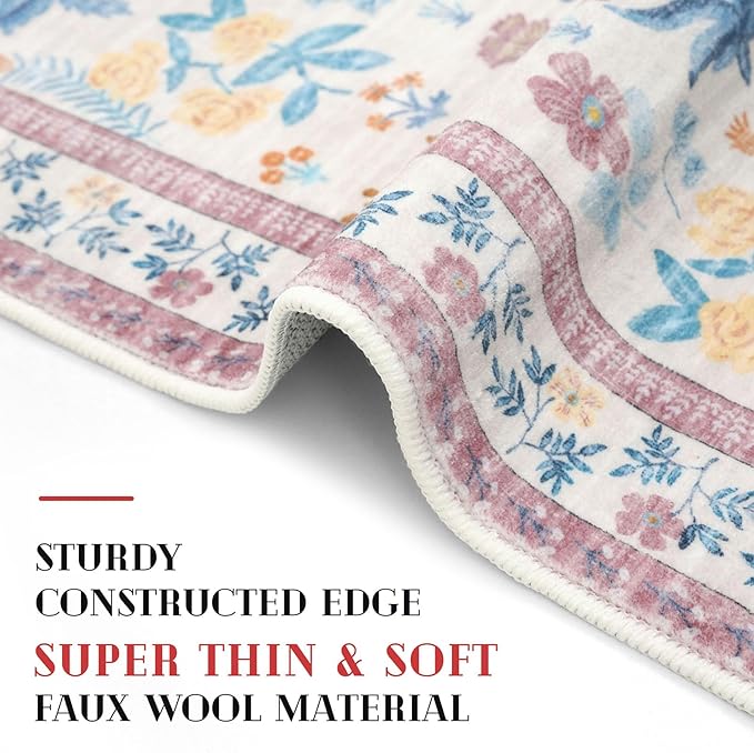 Boho Entryway Rug 2x3 Washable, Blush Pink Floral Kitchen Rug, Super Thin Faux Wool Small Area Rug, Non-Slip Soft Carpet for Girls Room, Bedroom, Office