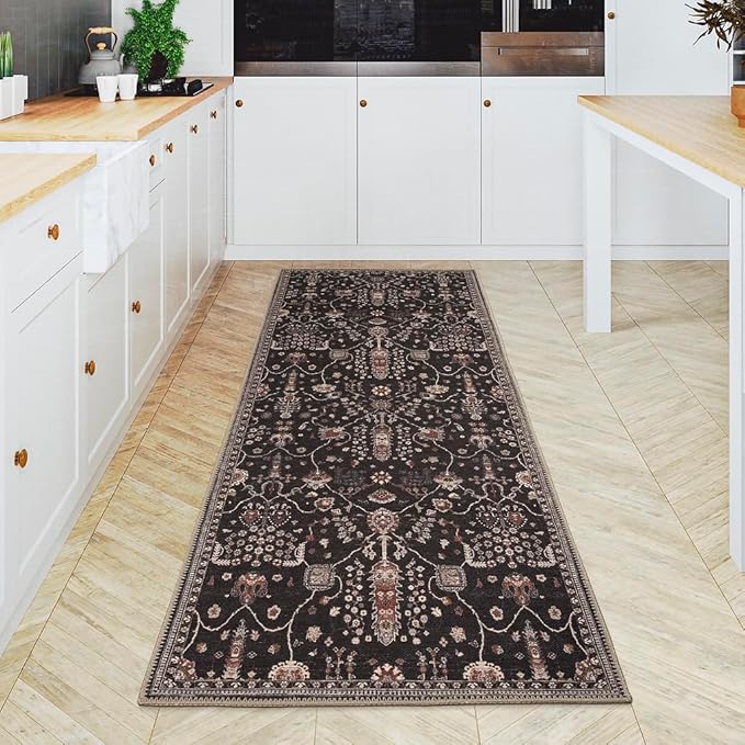 GLN Rugs Traditional Collection - Machine Washable Area Rug, Traditional Washable, Non Slip, Low Pile Chenille Rug, Living Room, Bedroom, Kitchen Rug (2'6" x 7' Black)