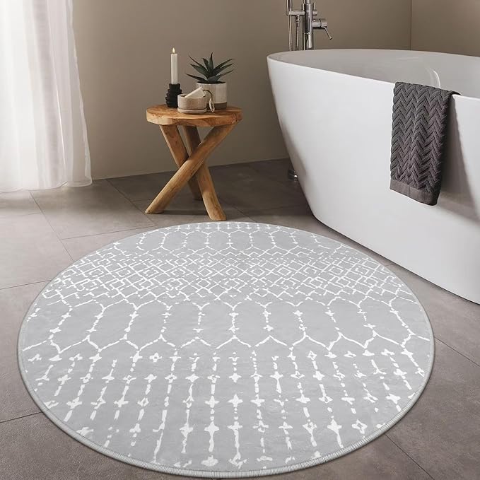 Lahome Moroccan Round Washable Rug 3Ft Small Circle Soft Non-Slip Grey Bathroom Rug, Stain Resistant Low Pile Entryway, Modern Geometric Print Indoor for Kitchen Sofa Doorway
