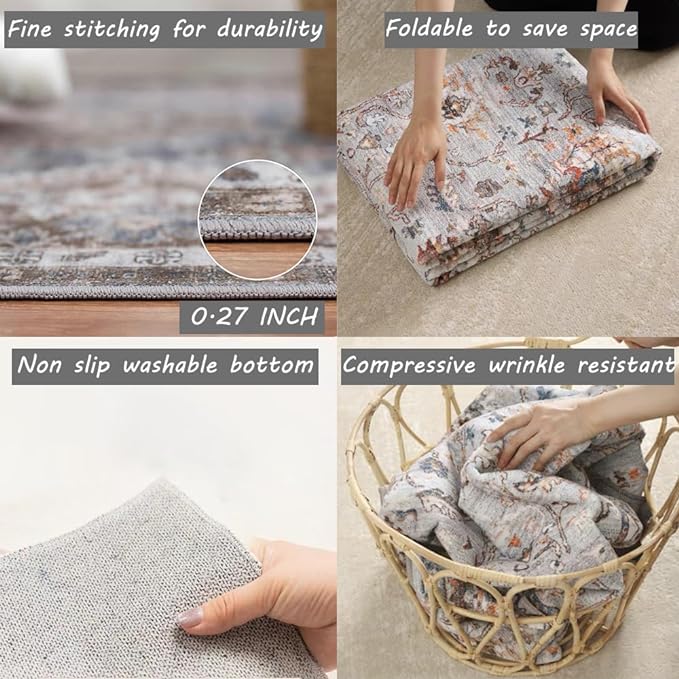 Area Rug 2x3 Washable Rug Door Mat Vintage Distressed Doormat Indoor Entrance Traditional Thin Floral Print Non Slip Carpet for Kitchen Bathroom Bedroom Living Room