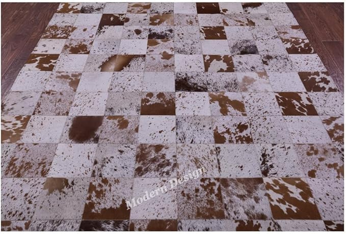 Modern Design Premium Cowhide Leather Carpet with Chevron Pattern, Area Rug (White/Brown, 5x8)