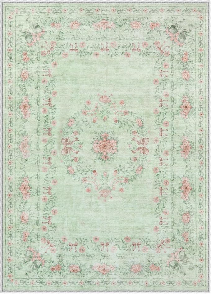 Wonnitar Floral Bow Print Washable Rugs 5x7, Sage Green Rug for Living Room, Ultra-Thin Non Slip Soft Boho Carpet for Dining Room Bedroom Kid Room Playroom, Light Green