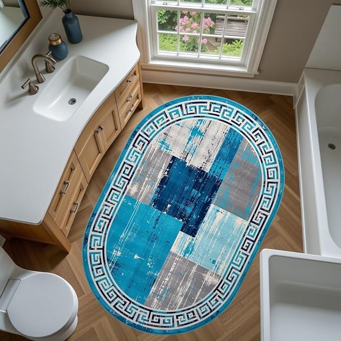Distressed Blue Grey Greek Key Pattern Indoor Area Rug 5x7 for Living Room Bedroom Dining Room Faux Wool Anti Slip Floor Mats Nursery Entryway Minimalist Geometric Texture Bordered Rugs Retro Carpet
