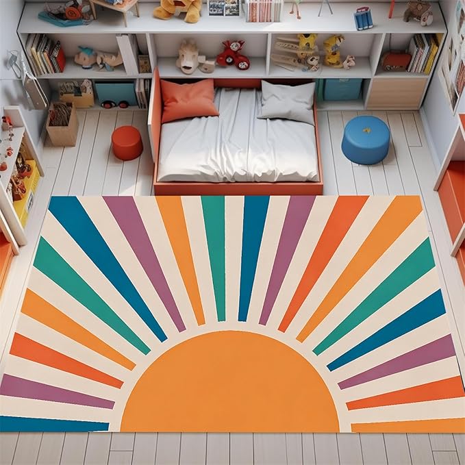 Rainbow Sun Area Rug,5x8ft,Colorful Boho Style Rug, Non-Slip Machine Washable Easy Care Carpet for Kids Girls Boys Bedroom, Living Room, Classroom, Office Decor