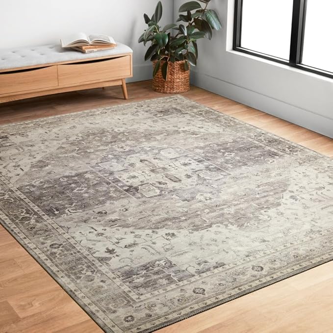 Loloi Hathaway Collection HTH-05 Steel/Ivory 3'-6" x 5'-6", .25" Thick Accent Rug, Soft, Durable, Printed, Modern, Low Pile, Non-Shedding, Easy Clean, Living Room Rug