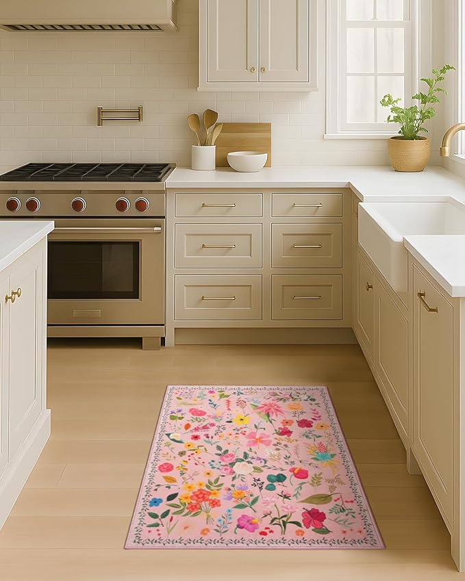 Boho Floral Entryway Rug 2x3, Washable Small Mat for Bathroom and Kitchen, Non Slip Front Door Mat Indoor Entrance, Vintage Style Flower Mat with Rubber Backing, Soft Area Rug for Entry Way (Pink)