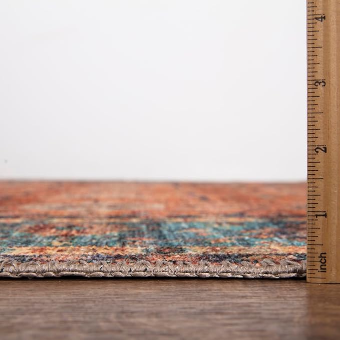 Bloom Rugs Washable Non-Slip 12 ft Runner - Orange/Teal Blue Traditional Bordered Runner for Entryway, Hallway, Bathroom, and Kitchen - Exact Size: 2.5' x 12'
