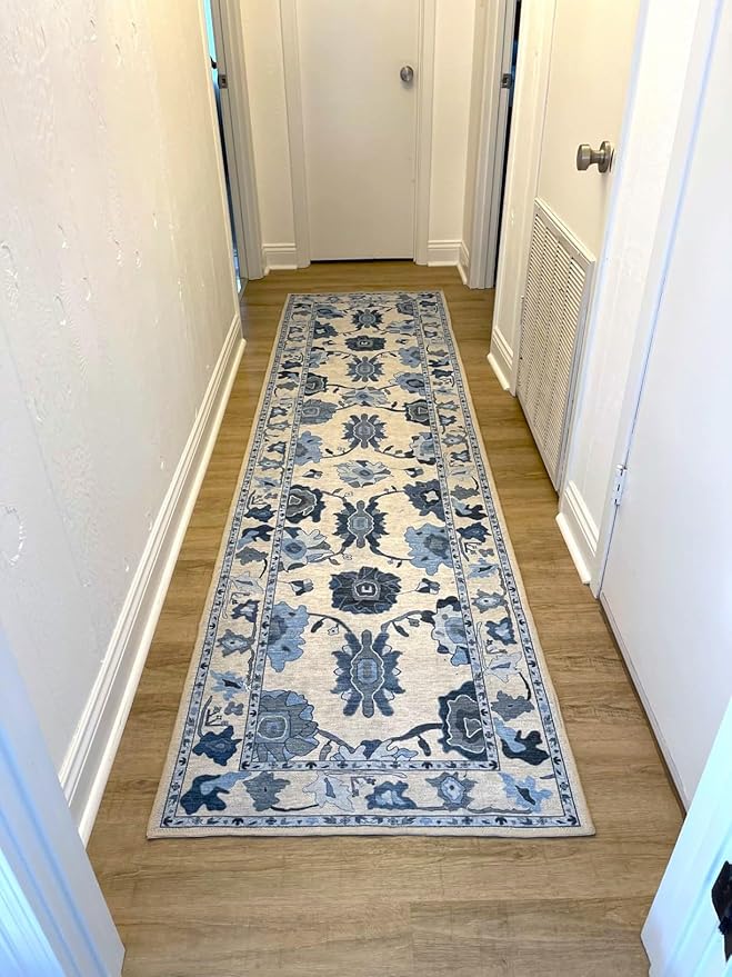 Fame Living Navy Blue Oushak Runner Rug, Modern Runners, Vintage, Turkish, Eclectic, Floral, Pastel, Washable, Runner for Hallway, Kitchen, Bedroom, Bathroom, 2'5"x9'8"