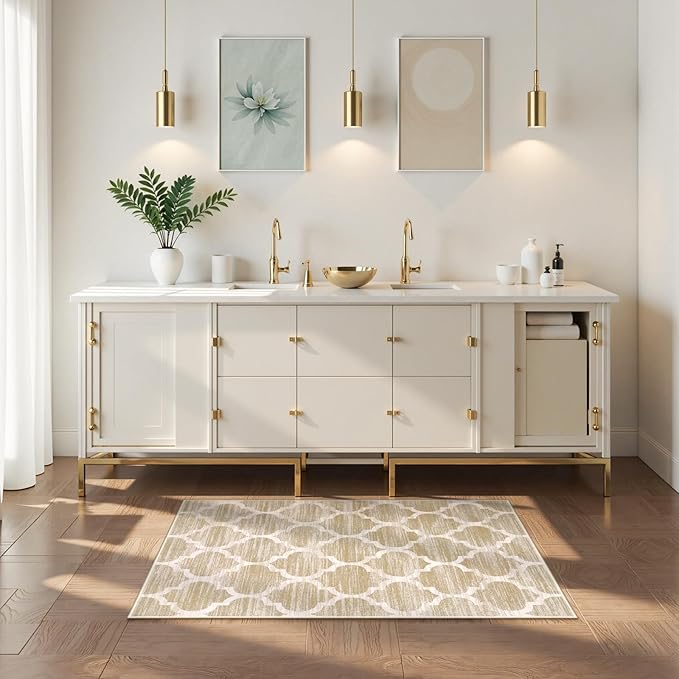 Lahome Moroccan Runner for Hallway - 2x4 Area Rug Washable Non-Slip Soft Bathroom Runner Ultra-Thin Small Kitchen Mat, Modern Print Distressed Floor Runners for Entryway Bedroom （(Taupe, 2'x4')