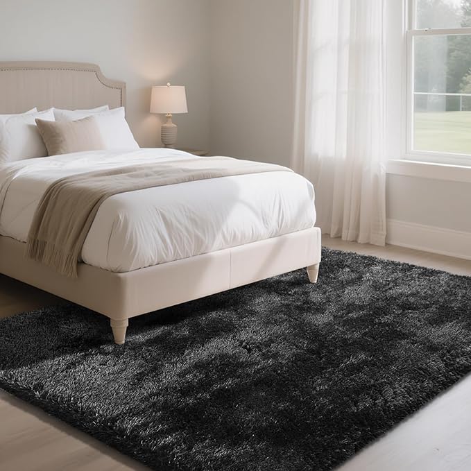 Fluffy Rug Shaggy Area Rug, Black 4x6 Area Rugs for Bedroom, Small Bedside Rug, Soft Fluffy Shaggy Entryway Throw Rugs for Living Room Bedroom Kids Room Home Decor