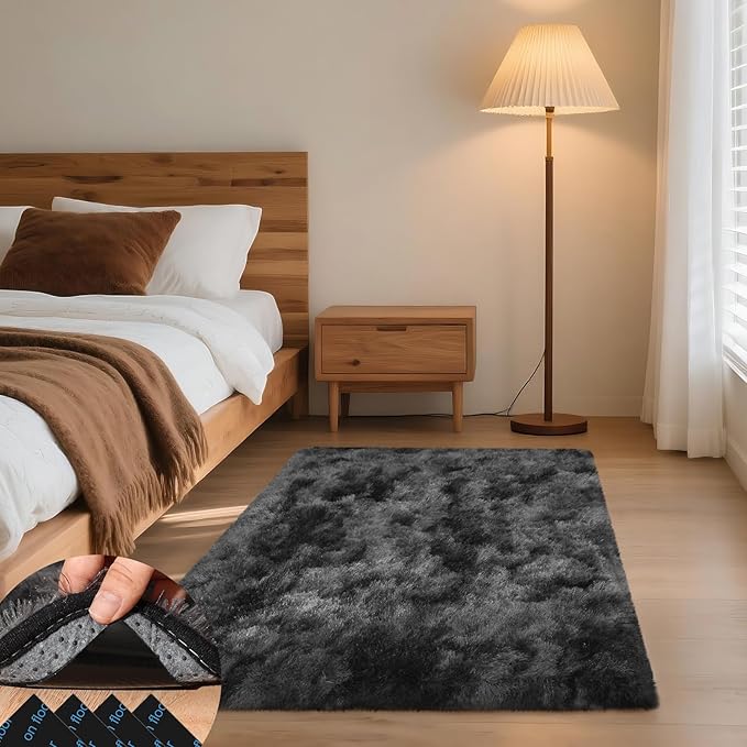 3x5 Rugs for Bedroom, Fluffy Small Area Rugs for Living Room, Soft Shag Fuzzy Carpet with 4 Non-Slip Stickers for Kids Boys and Girls Nursery Dorm Home Decor (Tie-Dyed Black Grey, 3ft x 5ft)