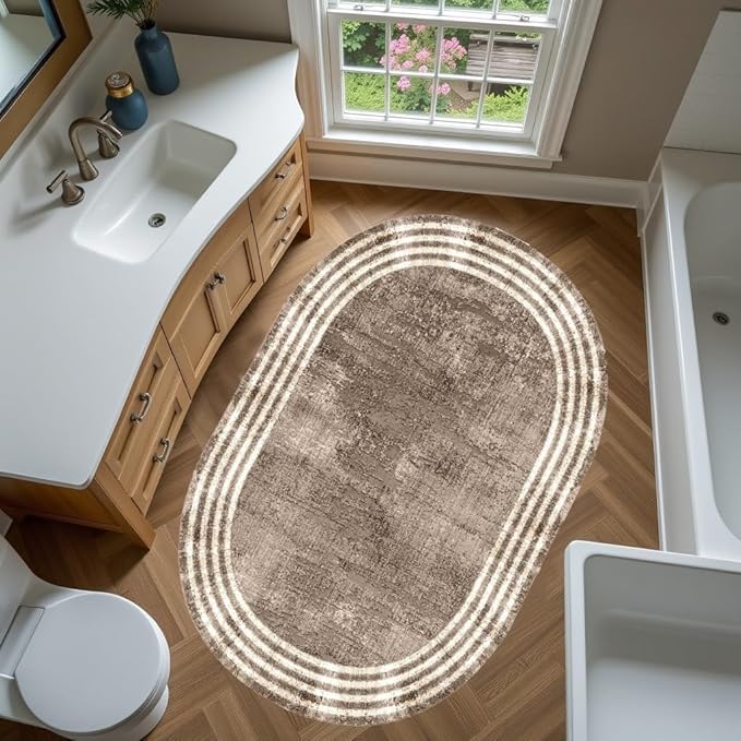 Country Earth Tone Brown Minimalist Distressed Home Office Rugs 12x15 for Living Room Bedroom Diningrooom Machine Washable Soft Thick Area Rug Nursery Dorm Kitchen Oval Geometric Bordered Large Carpet