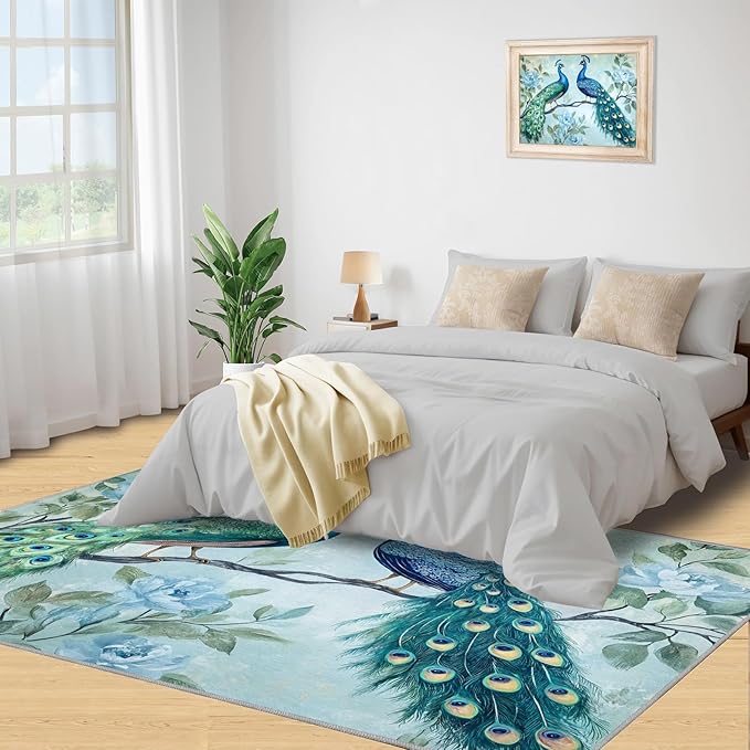 Peacock Rugs for Living Room - 8x10 Rug, Classic Peacock Floral Area Rugs for Bedroom, Teal Turquoise Rug, Modern Style Washable Carpet, Aesthetics Carpet - Peafowl Home Decor & Gifts