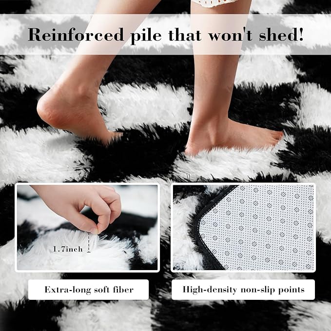 Checkered Rug for Bedroom, 5x8 Black and White Area Rugs, Classic Checkered Carpets Shaggy Area Rug, Bedside Rugs for Living Room Bedroom Kids Room Home Decor