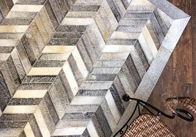 Chevron Pattern Faux Cowhide Area Rug | Non-Slip Leather Carpet for Living Room, Bedroom, and Office | Modern Designer Rug for Home Décor(8x10 ft_Grey)