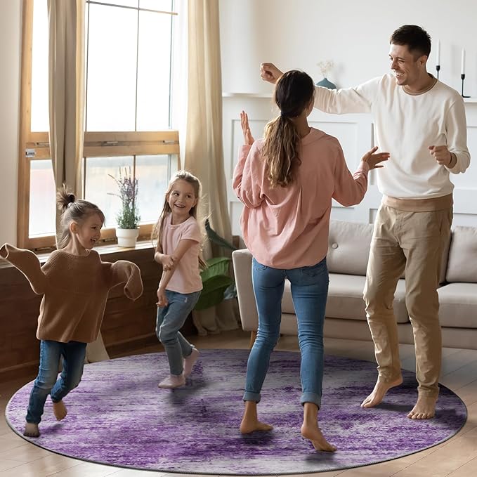 Round 4ft Abstract Rug, Modern Washable Indoor Circle Area Rugs for Living Room, Soft Circular Non-Slip Carpet Floor Mat for Entryway Bathroom Dining Room Home Office - Abstract Purple