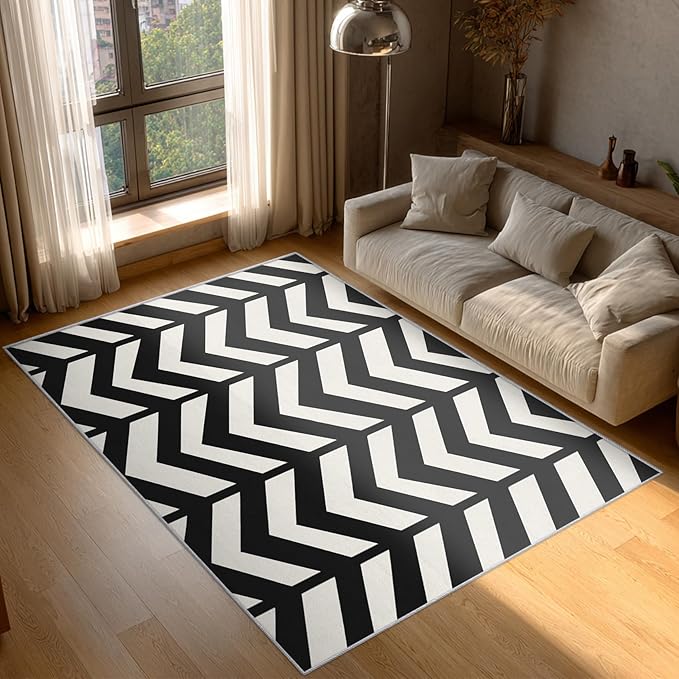 5x6 Black and White Chevron Rugs for Bedroom Decor, Washable Chevron Geometric Pattern Area Rug, Living Room Home Decoration, Non Slip Soft Thin, Modern Zigzag Decor Carpet PF-P 49