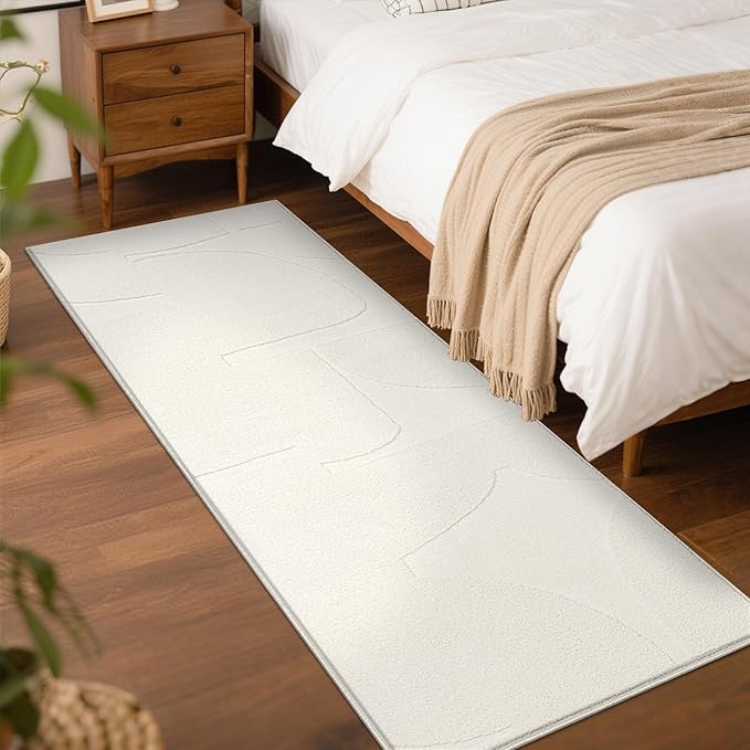 SHACOS Soft Cozy Fluffy Abstract Geometric High Low Pile Runner Rugs 2'x6' Non Slip Washable Scandinavian Minimalist Rug Modern Carpet Runner for Living Room Bedroom Bathroom Hallway, Cream
