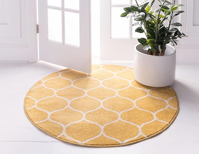 Rugs.com Lattice Frieze Collection Rug – 3' Round Yellow Medium Rug Perfect for Kitchens, Dining Rooms