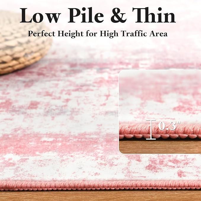 Washable Abstract Rug, 8x10 Modern Area Rugs with Non-Slip Rubber Backed for Living Room, Thin but Soft Contemporary Carpet Kitchen Bedroom Dining Room Decor, Pink