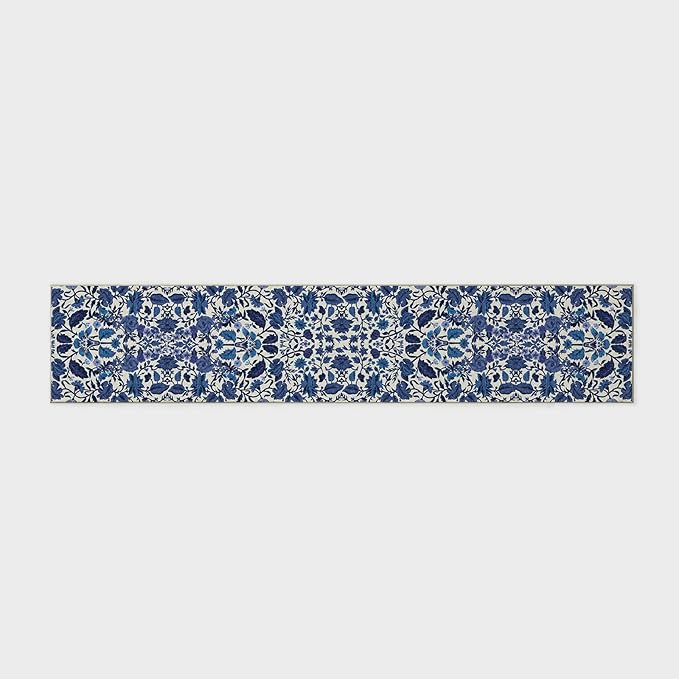 EVERGRACE Hallyway Area Runner Rugs 2x10, Boho Floral Faux Wool Indoor Outdoor Rugs, Washable Rugs for Bedroom Dining Room Living Room Kitchen, Low Pile Floor Mat Carpet for Home Decor, Celtic Blue