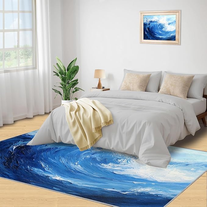 Japanese Ocean Rugs for Bedroom - 4x5 Area Rug - Ukiyo-E Ocean Waves Rugs for Living Room, Abstract Oil Painting Ocean Rug, Washable Home Decor Carpet