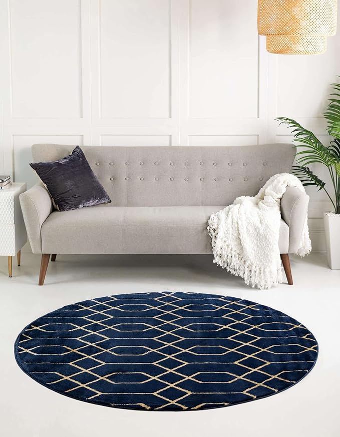 Unique Loom Glam Collection Area Rug - Trellis (3' 3' Round, Navy Blue Gold/ Gold)