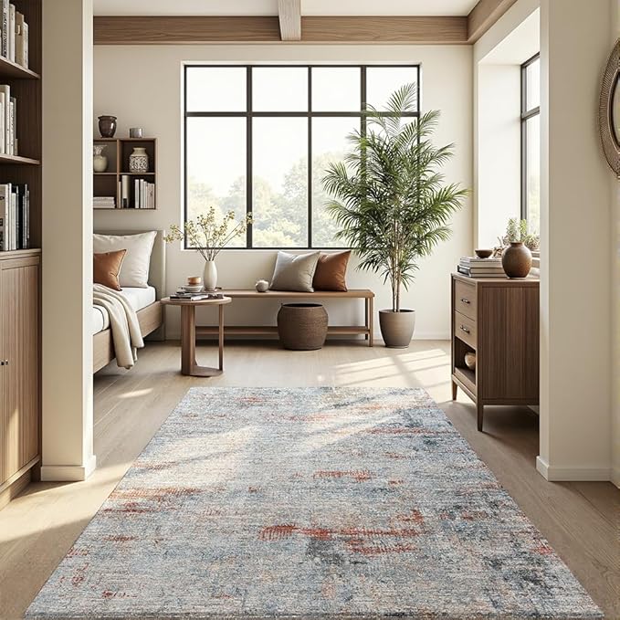 Area Rug 9x12 Washable Rug Grey and Brown for Living Room, Dining Room, Bedroom, Large Carpets, Non Slip & Non-Shedding Low Pile Vintage Print Rug for Home Office Decor