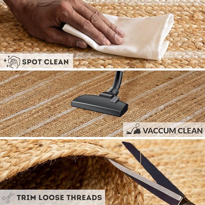 HOMEMONDE Braided Jute Runner Rug 2x6 ft Natural and Off White Stripe - Premium Fiber - Hand Woven Rustic Vintage Reversible Area Rugs for Entryway, Bedroom, Kitchen, Living Room, Dining Room