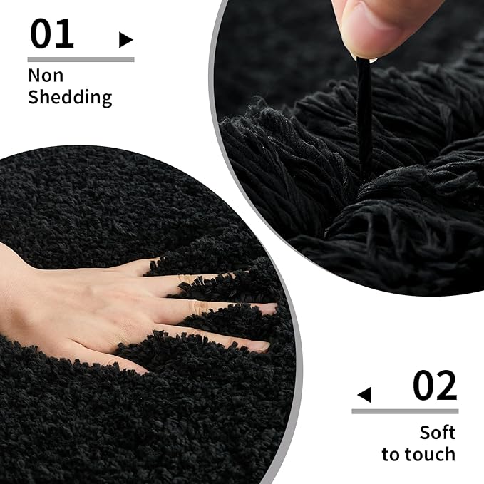 Small Bathroom Rug 17x24 Non Slip Black Fluffy Bath Mat for Bathroom Floor Washable Plush Luxury Bath Rug for Tub Soft Shaggy Shower Mat