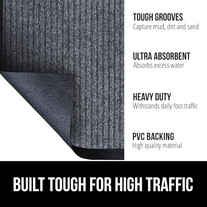 GORILLA GRIP Waterproof Traffic Guard Door Mat, 35x23, Heavy Duty Entryway Mats, Strong Rubber Back Commercial Utility Rugs for Office Hallway, Garage Floor and Home, Low Profile Carpet, Charcoal Gray