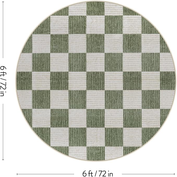 LIVEBOX Checkered Round Rug 6 Ft Washable Area Rug for Playroom, Kids Non-Slip Neutral Classic Circle Rug Geometric Large Carpet Soft Boys Rug for Classroom Dorm Bedroom(Sage Green,180R)