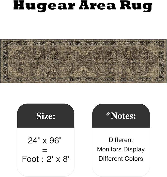 HUGEAR 2x8 Runner Rug Hallway Machine Washable Retro Brown Vintage Floral Low Pile Carpet Distressed Long Throw Rug Bedroom Office Bathroom Kitchen Laundry Non Slip Soft Lightweight