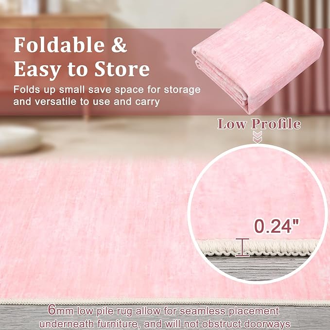 Garvee 8x10 Area Rug for Living Room Washable Kids Room Rug with Rubber Backing, Stain Resistant Modern Solid Rugs Non Shedding Low Pile Contemporary Carpet for Bedroom, Dining Room, Pink