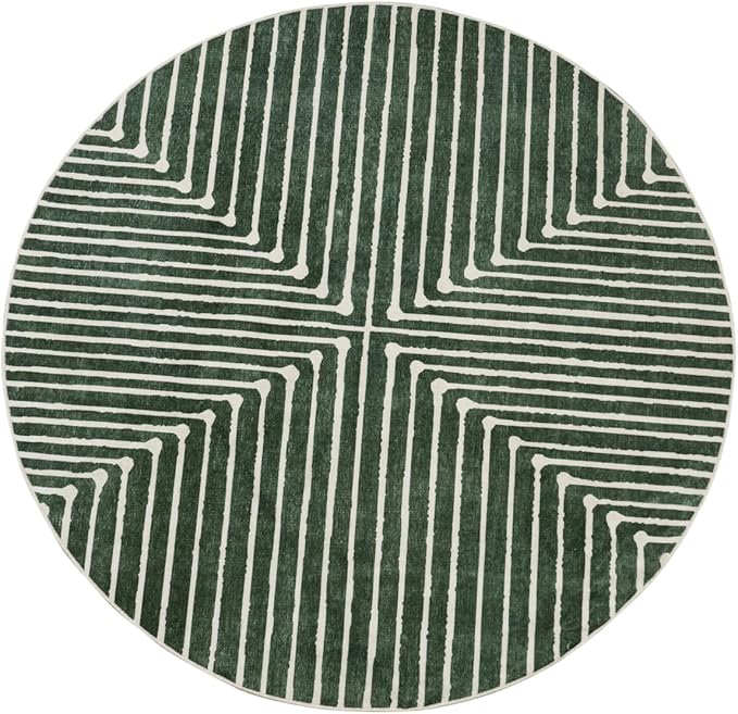 GLN Rugs Contemporary Collection - Machine Washable Area Rug, Contemporary Washable, Non Slip, Low Pile Chenille Rug, Living Room, Bedroom, Kitchen Rug (5'3" Round Beige Green)