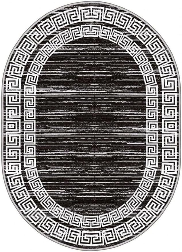 Minimalist Distressed Black Off White Greek Key Pattern Bordered Rug 8x10 for Liivng Room Bedroom Dining Room Soft Non Skid Washable Large Rugs Nursery Dorm Kitchen Rustic Classic Indoor Oval Carpet