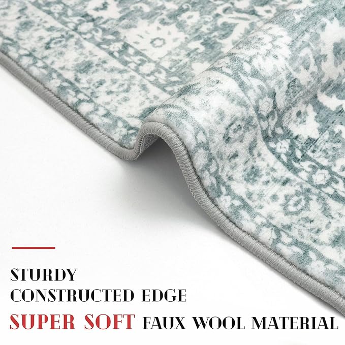 Vintage Entryway Rug 2x3 Washable, Sage Green White Kitchen Rug, Super Soft Thin Faux Wool Small Area Rug, Non-Slip Accent Mat for Foyer, Bedroom, Office