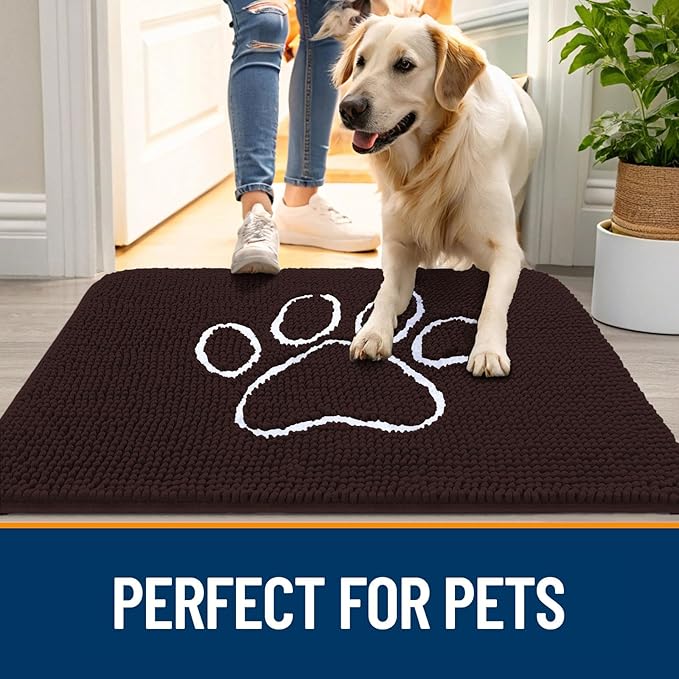 OLANLY Dog Door Mat for Muddy Paws 36x24, Paw Print Design, Absorbs Moisture and Dirt, Absorbent Non-Slip Washable Doormat, Quick Dry Chenille Mud Mat for Dogs, Entry Indoor Entryway Carpet, Brown