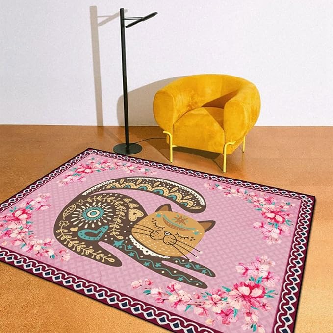 Cartoon Animal Pattern Area Rug Cute Cat Luxury Floral Decor for Carpet Farmhouse Bedroom Living Room Rugs Bathroom Kitchen Runner Mat Indoor Outdoor Non Slip Doormat 3' X 7'