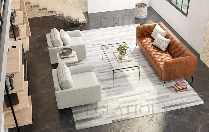 Cowhide Leather Rug for Living Room 8x10 Natural Leather Rug Modern Stripes Style Floor Carpet for Home Decor | Superior Indoor Area Rug Silver