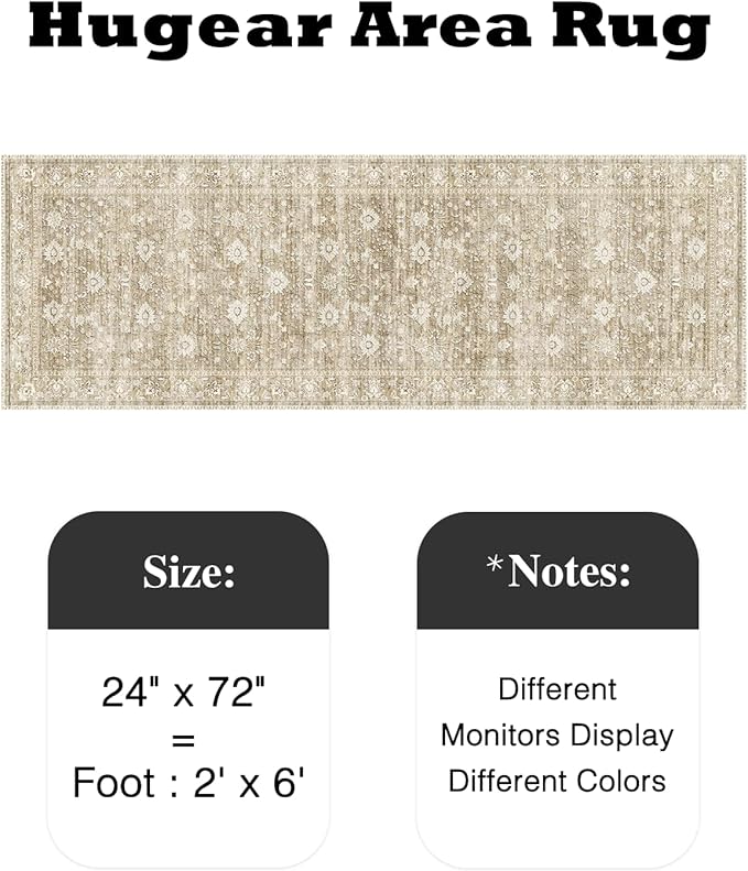 HUGEAR 2x6 Runner Rug Machine Washable Beige Hallway Area Rugs Indoor Accent Rugs Floral Low Pile Carpet Distressed Throw Rug Bedroom Living Room Office Dining Kitchen Laundry Non Slip